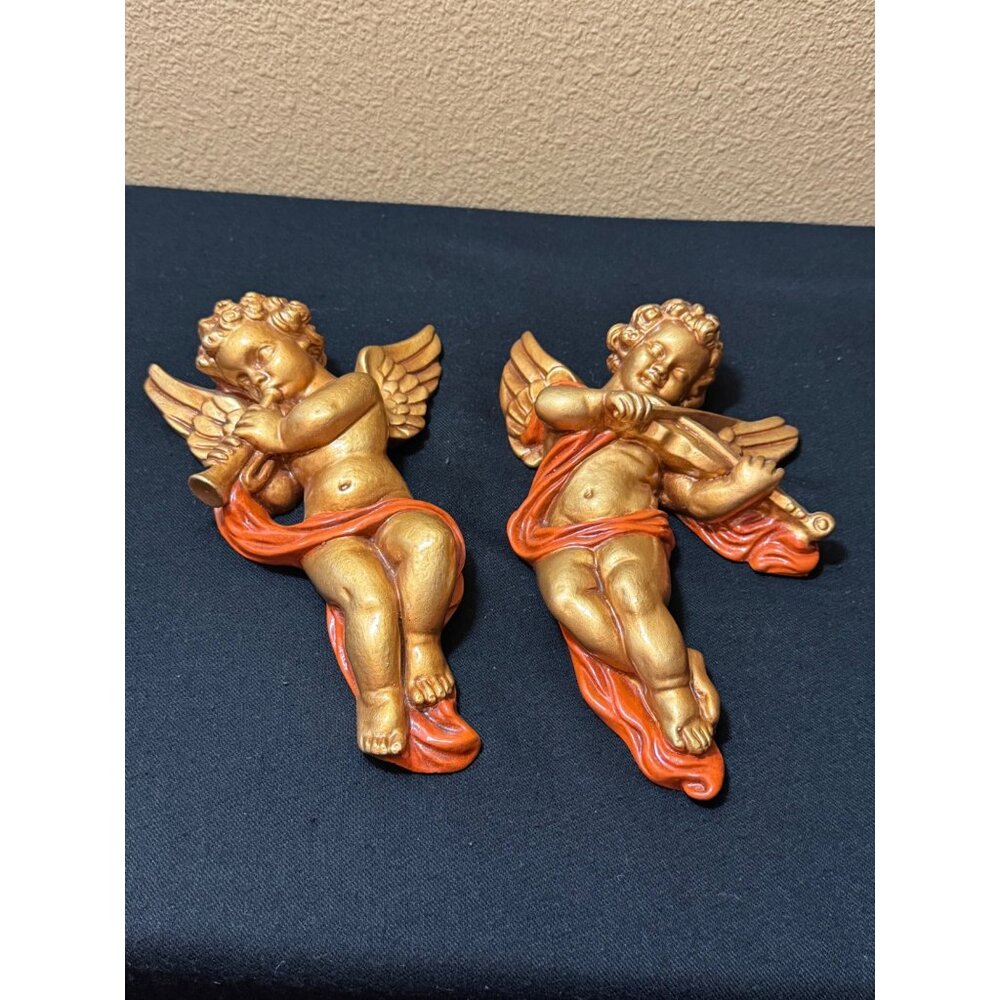 Vintage Cherubs Angels Wall Hanging Pair MCM Gold